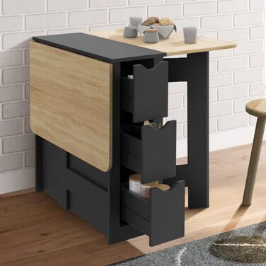 Розкладний консольний столик EDI для 2-4 осіб з 3 чорними шухлядами, стільниця під бук, 103 x 76 см
