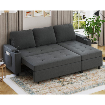Кутовий диван Devoko зі сном та ящиком для зберігання речей, L-подібний диван, 3-місний розкладний диван-ліжко, лляна кушетка, невеликий розкладний диван для квартири та вітальні, темно-сірий, 200 см - L темно-сірий