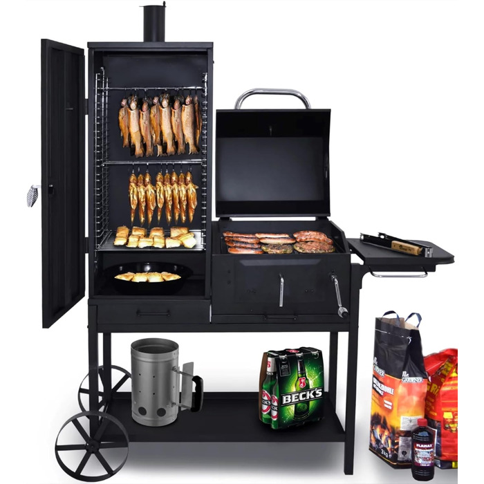 Syntrox Smoker Klavor з коптильнею, грилем барбекю, грилем на вугіллі. Гриль коптильні, сталь, листова сталь з вогнезахисним лаком, камера гриля і коптильня, дерев'яні ручки, дверцята з золи із засувкою