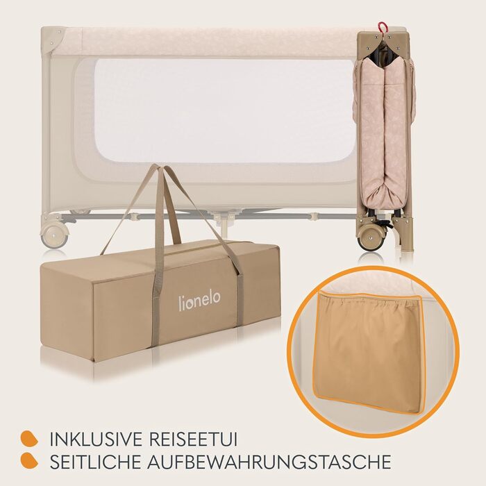 Дорожнє ліжечко Lionelo Jasmin Easy Fold для дітей вагою до 15 кг, віком від 0 до 36 місяців, матрац з пінопласту T25, 2 налаштування висоти, механізм легкого складання, бічний вхід, колеса, бежевий/пісочний
