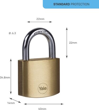 Замок навісний Yale Y110B/40/122/1, Стандартний, 40 мм, Латунь, Подвійне замикання, Загартована дужка Ø 6,3 мм, 3 ключі в комплекті, для шафок, інструментальних ящиків, шаф - 40мм, Стандартна дужка
