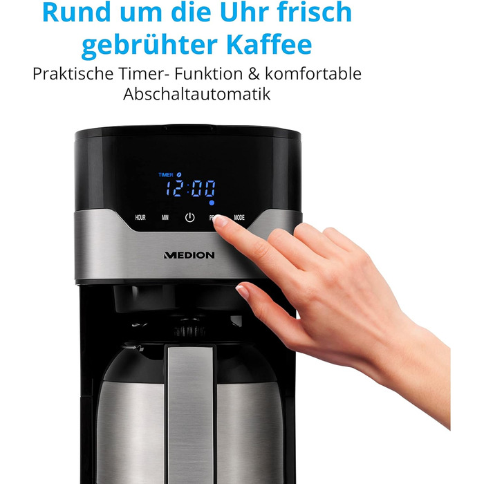 Кавоварка MEDION з термосом і таймером (кавоварка з фільтром, 8 чашок, 1,2 л, 900 Вт, 3 рівня, функція збереження тепла, таймер, а
