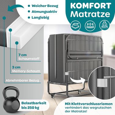 Розкладне ліжко KESSER 200x90 см, гостьове ліжко з матрацом з піни з ефектом пам&39яті та колесами Розкладне дорожнє ліжко з металевим каркасом для дорослих, вантажопідйомність до 250 кг Металеве ліжко з матрацом з піни та преміум-чохлом кольору антрацит