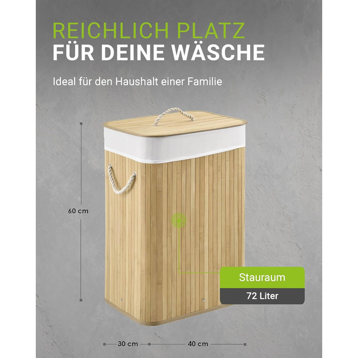 Бамбуковий кошик для білизни Juskys Curly Natural 72 л - Гігієнічний та складаний кошик для білизни з кришкою, ручкою для перенесе