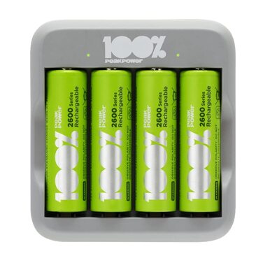 Зарядний пристрій PeakPower для акумуляторів типу AA AAA USB-зарядний пристрій, захист від перезаряджання, таймер безпеки Компактний зарядний пристрій на 4 слоти з 4 батареями типу AA 2300 мАг 4 батареями типу AA