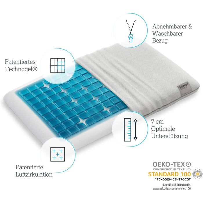 Ортопедична подушка для шиї Technogel Deluxe запатентована, не містить шкідливих речовин та сертифікована гелева подушка для шийного відділу хребта для сну на спині та боці, включаючи наволочку 66x40x07 см (1 упаковка)