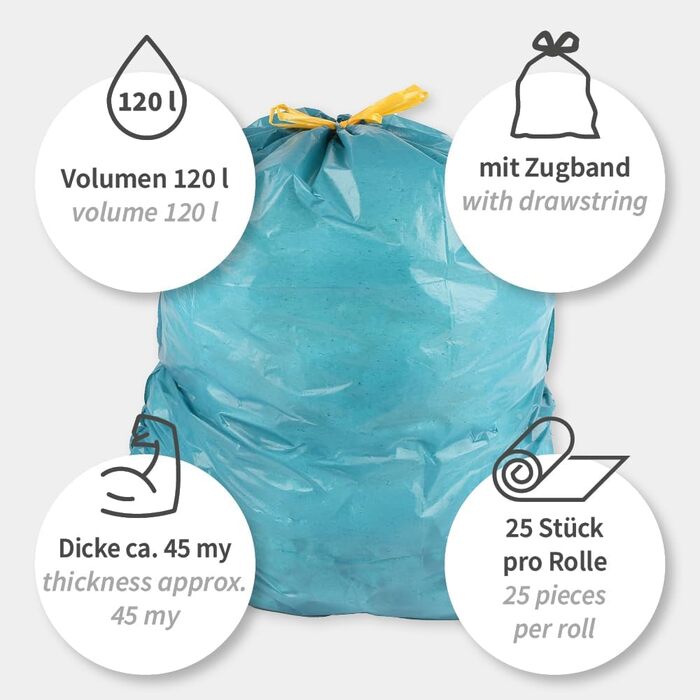Сміттєві пакети Franz Mensch на 75 предметів, 120 л зі шнурком, LDPE, сині, стійкі до розриву, рулонні, для утилізації відходів, приблизно 45 мкм