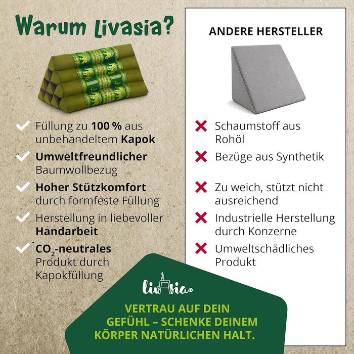 Подушка для спини livasia з тайського шовку - 32x55x30 см - трикутна подушка для саду та балкону, клиноподібна подушка з капоком, ручної роботи, подушка для медитації (зелений/слоновий шовк)