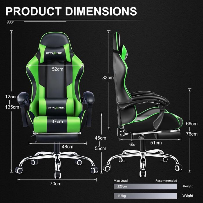 Офісне крісло Ігрове крісло Масажне ігрове крісло Ергономічне ігрове крісло з підставкою для ніг, м&39яке ігрове крісло, обертове крісло 150 кг, зелене