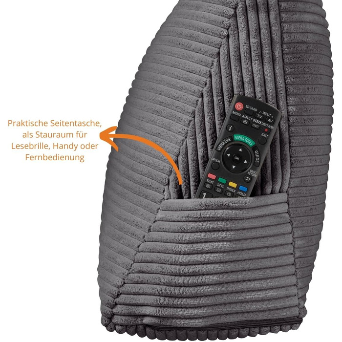 Подушка для спини Sleepling Corduroy-Look, клиноподібна подушка для ліжка та дивана, поперекова подушка, трикутна подушка для читання, пляжна подушка, подушка зі знімним чохлом, який можна прати, бічна кишеня, ширина 70 см, темно-сірий вельвет темно-сірий