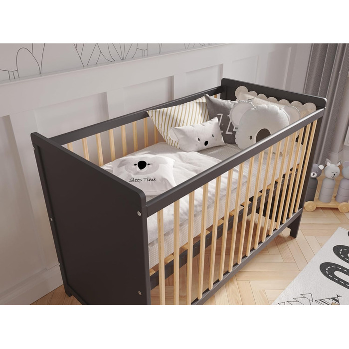 Дитяче ліжечко/спальне місце Love For Sleep 120x60 см із захисним бар&39єром, трансформоване, дитяче ліжко Tokyo кольору антрацит-сосна, дерев&39яне дитяче ліжко - Дитяче ліжко, трансформоване ліжечко, чорне