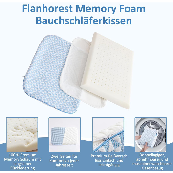 Ультратонка плоска подушка з піни з ефектом пам&39яті - Охолоджувальна подушка для сну на животі зі знімним чохлом, який можна прати, подушка для підтримки шиї для сну на спині та животі, 40x60x6 см Синьо-білий колір 40x60x6 см