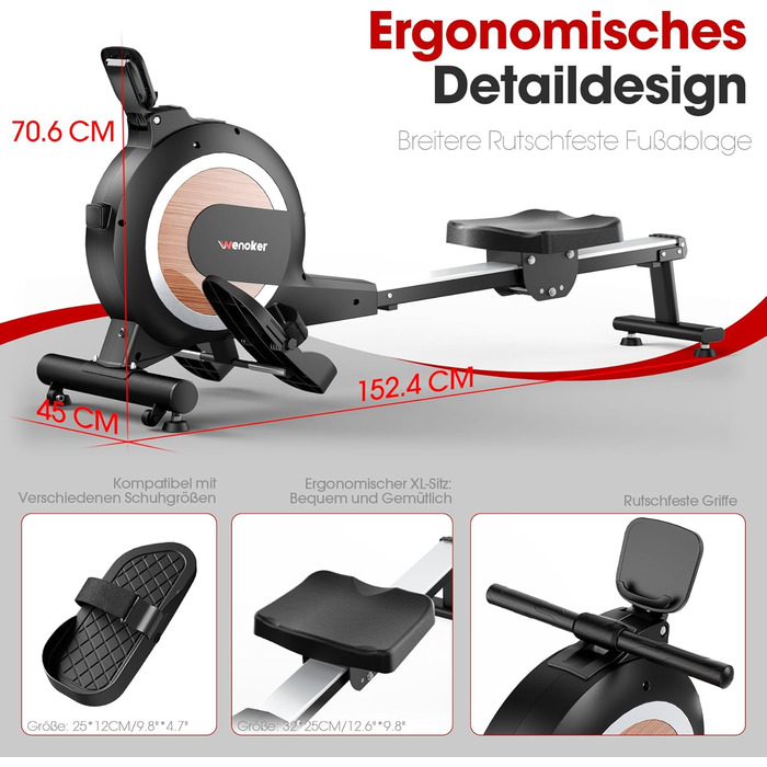 Домашній гребний тренажер Wenoker, магнітний гребний тренажер із застосунком та РК-дисплеєм, 32 рівні опору, тихий домашній гребний тренажер для кардіотренувань, вантажопідйомність 160 кг, вертикальне зберігання