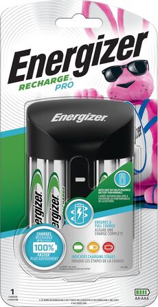 Зарядний пристрій Energizer Recharge Value з 4 акумуляторними батареями типу AA NiMH у комплекті. Зарядний пристрій Pro із зарядним пристроєм на 4 батарейки типу AA та батареями.