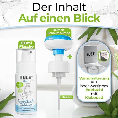Домашній комплект BULA Popo Піна для вологого витирання 150 мл пляшка насос для квіткової піни, включаючи тримач з нержавіючої сталі Піна для сідниць як стійка альтернатива (дитячим і туалетним) вологим серветкам Стартовий набір BULA