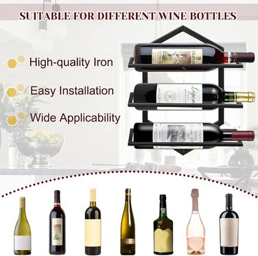 Металева настінна винна стійка, підвісний тримач для винних келихів, підставка-органайзер для 3 пляшок, винна стійка, червона винна стійка для дому, кухні, бару, декору, чорного кольору B2, 2 шт.