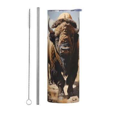 Кухоль з прямою трубочкою, дизайн стадо північноамериканських бізонів, друкований, дорожній кухоль, підходить для кемпінгу, офісу та дому, 590 мл