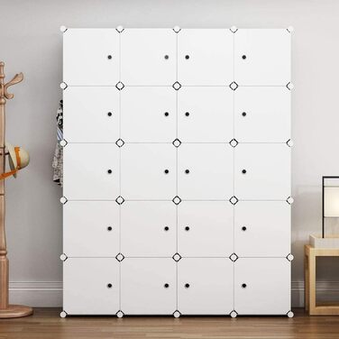 Шафа HOMIDEC, Портативна система полиць, Пластикова шафа на 20 кубів з 2 рейками для одягу, Шафа для спальні, Біла, 180 x 142 x 45 см, 20 кубів, Повністю біла