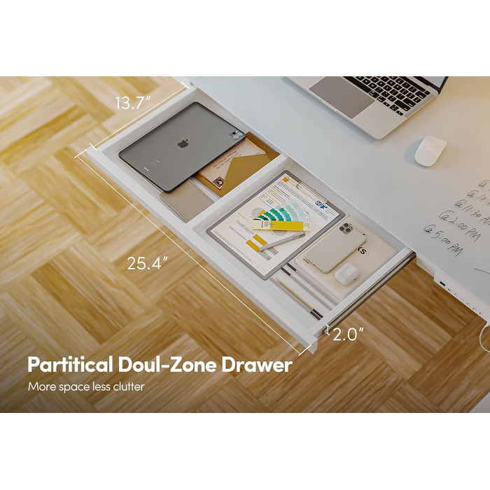 Електричний стіл для роботи стоячи 120 x 60 см з висувними шухлядами, регульований по висоті повністю скляний стіл, цільний, швидковстановлюваний регульований стіл для роботи сидячи та стоячи, біла скляна стільниця 120 x 60 см