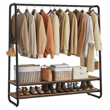 Вішалка для одягу, вішалка для пальто, шафа, 2 полиці, 6 S-подібних гачків, сталевий каркас, 45 x 138 x 160 см, для спальні, коридору, передпокою, вінтажний коричнево-чорний RGR119B01 138B см Вінтажний коричневий чорний