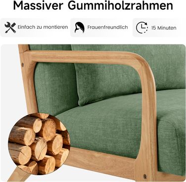 Акцентне крісло з подушкою, сучасне м&39яке крісло для вітальні, крісло для відпочинку з підлокітниками та дерев&39яним каркасом, зручне крісло для читання, зелена тканина, комплект з