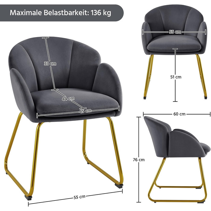 Сучасний обідній стілець Yaheetech, кухонний стілець у формі квітки, м&39яке крісло із золотистими металевими ніжками, для вітальні/їдальні, темно-сірий, темно-сірий поліестер