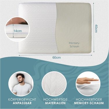 Подушка для сну - Ортопедична подушка з піни з ефектом пам&39яті, ергономічна та для полегшення болю в шиї, для всіх положень сну (на спині, животі та на боці) (, біла, висота 14 см) Висота 14 см Білий 1