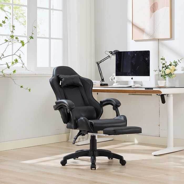 Ергономічне шкіряне ігрове крісло з поворотом на 360, регульоване по висоті офісне крісло з підставкою для ніг, підголівником та поперековою опорою, гоночний дизайн, для офісу та ігор, чорне, 64,5x52x116,5 см