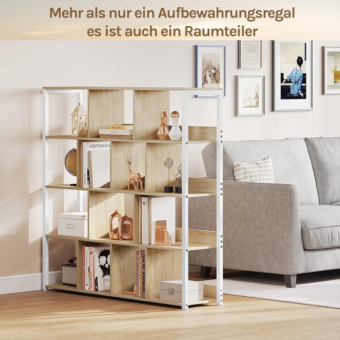 Окремостояча полиця eSituro, 4-ярусна книжкова шафа, полиця для зберігання, кухонна полиця, кутова полиця, окремостояча полиця з пристроєм проти перекидання, виготовлена з металу, 120x30x120 см, світлий дуб білий