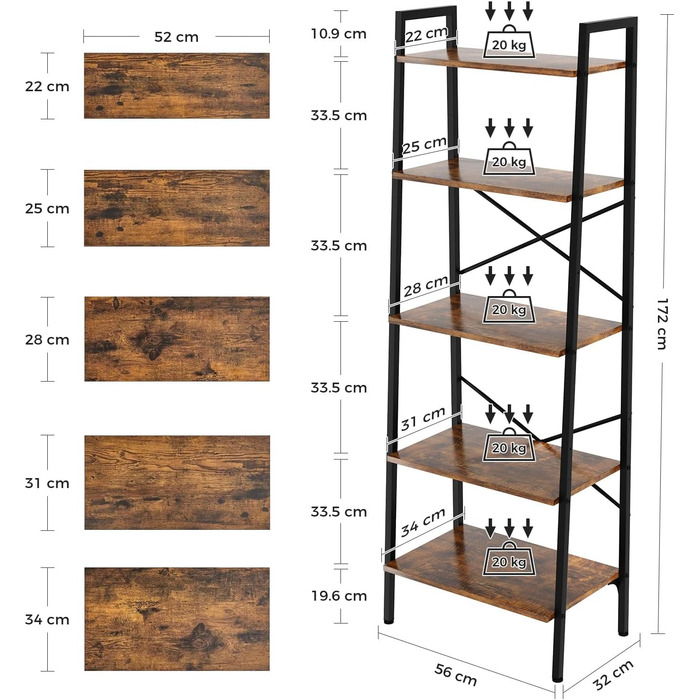 Дубова та чайна полиця, 5-ярусна книжкова шафа, окремостояча полиця, полиця-драбина, 172 см, відкриті вузькі полиці, сталевий каркас, промисловий дизайн, для офісу, кабінету, вітальні, спальні, вінтажний коричнево-чорний рустикальний коричневий