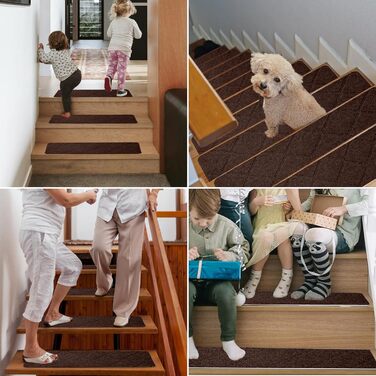 Килимки для сходів 55x19 см, самоклеючі протиковзкі килимки для сходів для використання в приміщенні, багаторазові, можна різати для дерев&39яних сходів, ідеально підходять для дітей, людей похилого віку, домашніх тварин (коричневі - з ромбоподібним візер
