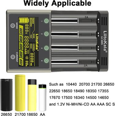 Зарядний пристрій LiitoKala Lii-500S для акумуляторів 18650, швидкий зарядний пристрій з РК-дисплеєм та сенсорним керуванням, зарядний пристрій на 4 слоти для акумуляторів типу АА з адаптером 12 В 3 А для літій-іонних, AA, AAA, Ni-MH, Ni-CD акумуляторів 1