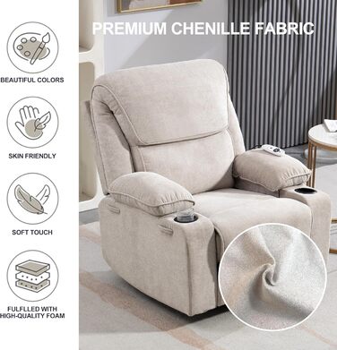 Крісло-гойдалка з функцією масажу, крісло для телевізора з функцією відкидання, вібрація, підігрів, товста спинка та підлокітники, масажне крісло з функцією гойдання, поворот на 360, бежевий