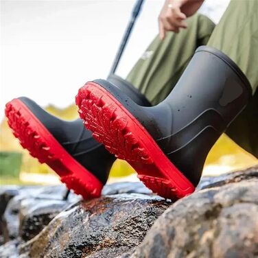 Чоловіче гумове взуття, водонепроникні гумові чоботи, чоловіче взуття, зносостійкі пластикові гумові чоботи, на низькому каблуці, чорно-червоні туфлі, розмір 41 EU
