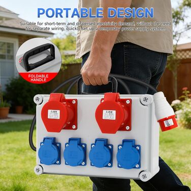 Розподільна коробка для будівельного майданчика, комплект розподільчої коробки 16A, BKV 2/4, водонепроникний розподільник живлення IP44/IP54 з розеткою та ручкою для перенесення, кабель 2 м, для використання всередині та зовні приміщень, 6 портів (з двома