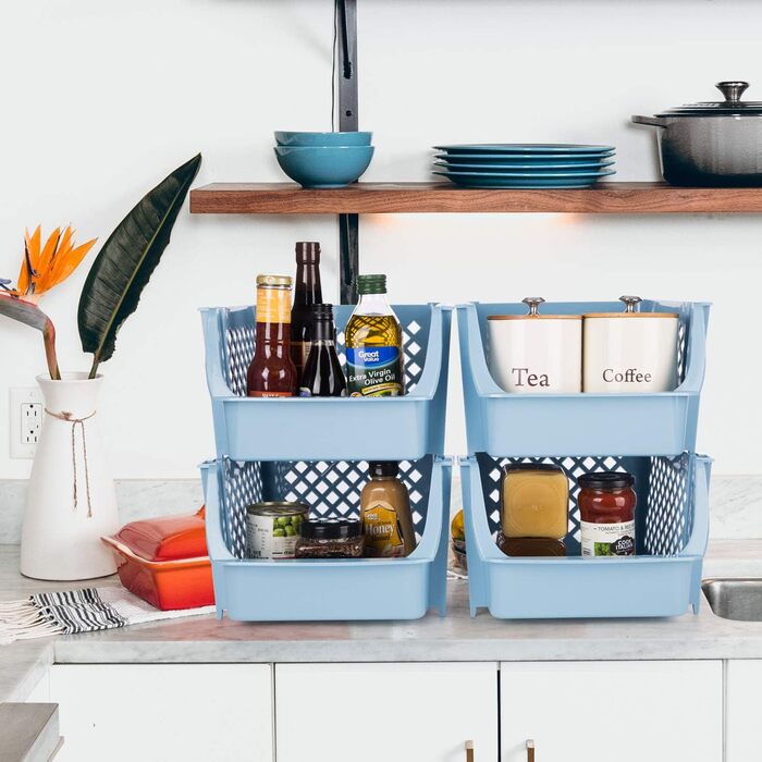 Штабелювані кошики для зберігання їжі, снеків, іграшок, туалетного приладдя, пластикові, сині, 4 шт. и