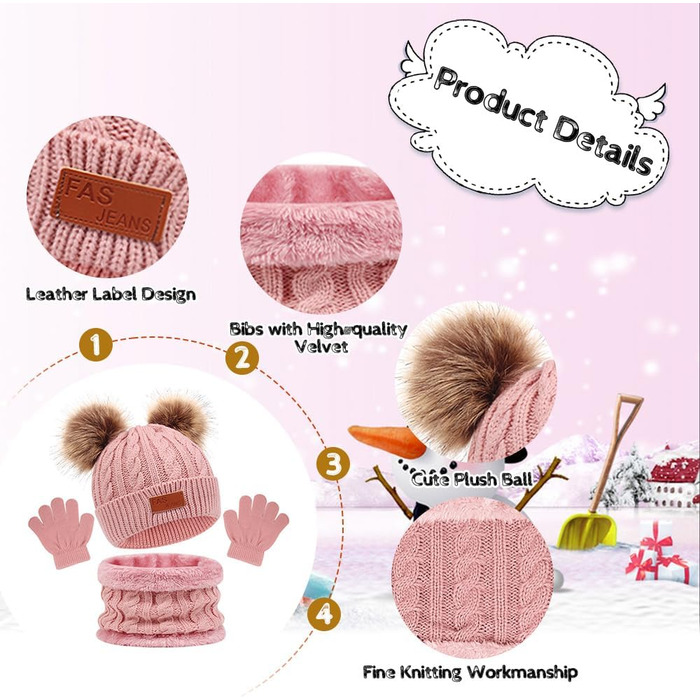 Дитячий зимовий комплект 3-в-1 шапка, шарф та рукавички, термов&39язана шапка, шарф та рукавички, на флісовій підкладці, зимові аксесуари для хлопчиків та дівчаток віком 1-5 років, рожевий