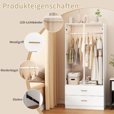 Шафа зі світлодіодним освітленням, Універсальна шафа з орними дверима та 2 дверима із загартованого скла, Скляна шафа з вішалкою для одягу, Гардеробна шафа з 2 шухлядами, Багатофункціональна шафа (Біла-1)