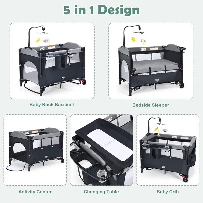 Дитяче ліжечко GOPLUS Baby Travel Cot, дитяче ліжечко з матрацом та тримачем для підгузків на колесах, дитяче ліжечко з боковим входом, сумка для перенесення, підставка для іграшок та музичний мобіль, 0-3 роки до 15 кг (чорне)