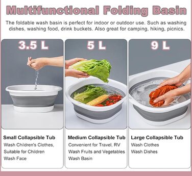 Складана мийка для миття посуду, 9 л, портативна мийка, силіконовий пластиковий кошик, багатоцільова мийка для подорожей на природі, кемпінгова мийка, компактна, складана, рожевий S, M, синій білий
