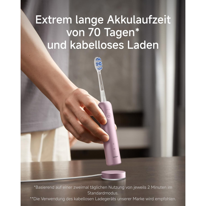 Звукова зубна щітка Laifen Wave Pro з 6 режимами чищення та акумулятором на 70 днів, 60 осциляції, контроль тиску, 2 інтелектуальні насадки (Алюмінієво-рожевий)