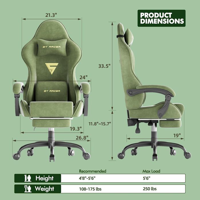 Ігрове крісло, Дихаюче та ергономічне офісне крісло з мікрофібри велюру, Комп&39ютерне крісло з регульованим підголівником та поперековою подушкою, підлокітниками, підставкою для ніг (зелене) Зелений LW200