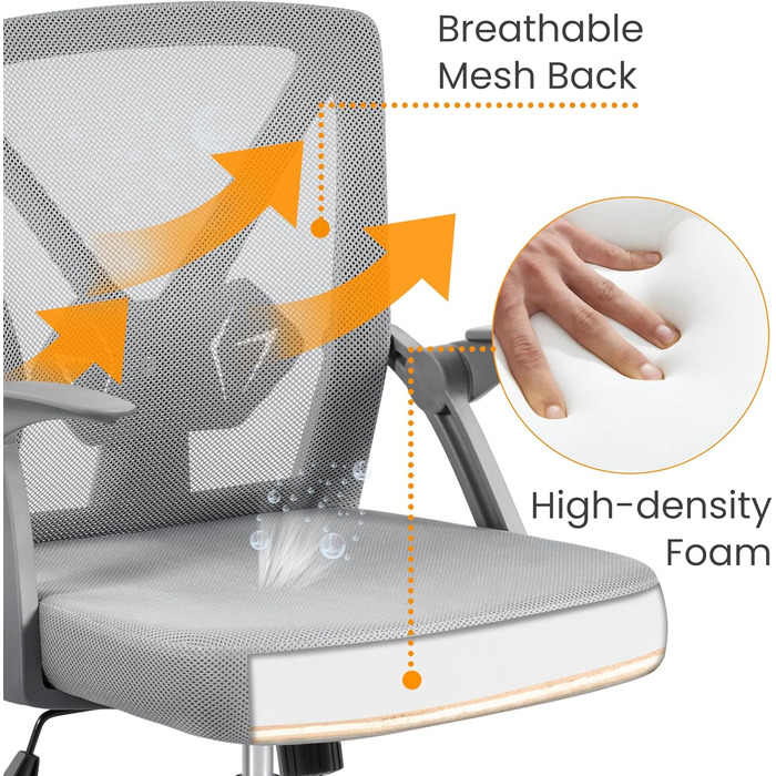 Офісне крісло Yaheetech, стілець для роботи з відкидними підлокітниками, обертове крісло з сітки, ергономічне офісне крісло, регульована поперекова опора, функція гойдання, регульована висота, сірий