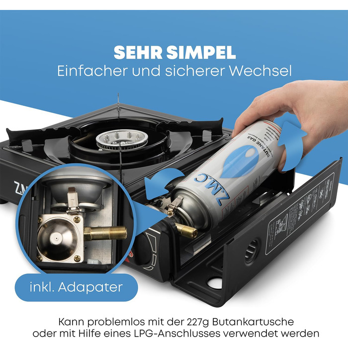 Газова плита ZMC з 1 конфоркою, включаючи адаптер для зрідженого газу та футляр для зберігання. Комплект кемпінгової плити з газовими картриджами 227 г та додатковою гриль-пластиною, для використання на вулиці та в приміщенні. Кемпінгова газова плита з п&