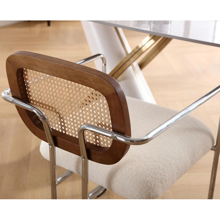 Обідні стільці, комплект з 2 шт. , ретро кухонні стільці зі спинкою з ротанга, м&39які обідні стільці з металевим каркасом та штучним хутром, для їдальні, вітальні, кухні, спальні, холу, білі 2 білі