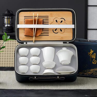 Порцеляновий набір для чаювання в китайському стилі Гунфу, портативний набір з чайником та 6 чашками, гайвань, ситечко для чаю та сумка все в одному для подорожей, активного відпочинку та як подарунок.