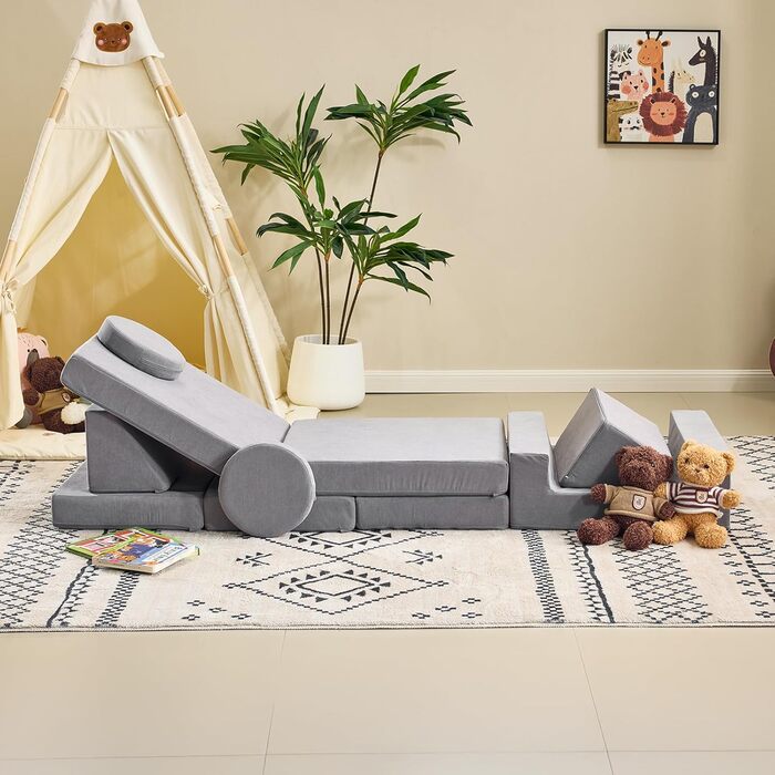 Дитячий диван LALAHO, ігровий диван для дітей, виготовлений з вельвету, складні пінопластові будівельні блоки, дитячий диван та дитяче крісло, універсальний та вільно складаний своїми руками, для дитячої ігрової кімнати, меблі для спальні (сірий)