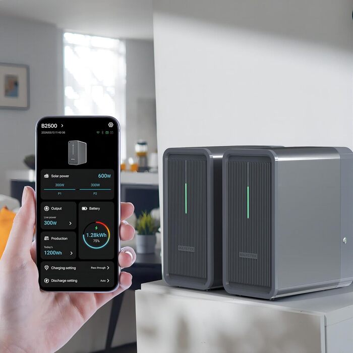 Балконна електростанція з накопичувачем B2500, 6000 циклів зарядки, макс. 1600 Вт. Вхідна потужність 1600 Вт та вихідна потужність 800 Вт. Можливість розширення до 8960 Втгод, IP65. 0 ПДВ включено - Тільки для приватних осіб.