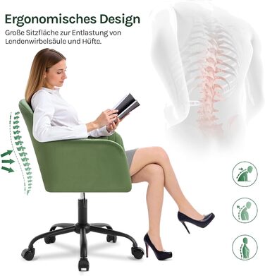 Офісне крісло WOLTU, ергономічне офісне крісло, крісло для домашнього офісу з регульованою висотою, туалетне крісло з підлокітниками, обертове крісло з колесами, оксамитове крісло з металевим каркасом, вантажопідйомність 150 кг, зелене