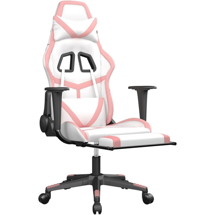 Геймерське крісло з підставкою для ніг, біла та рожева штучна шкіра